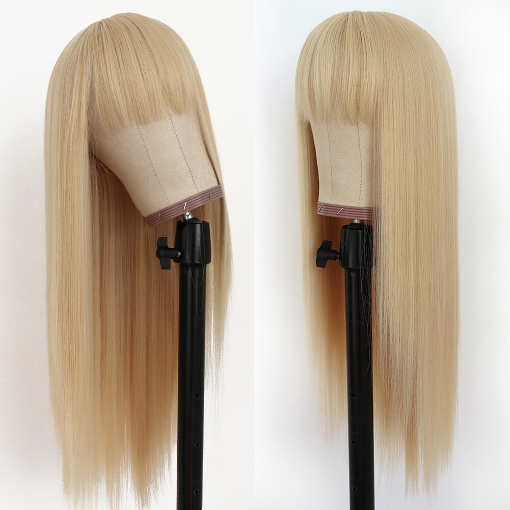 Long Blonde Heat Resistant Straight Hair No Lace Natural Women Wigs Full Bangs