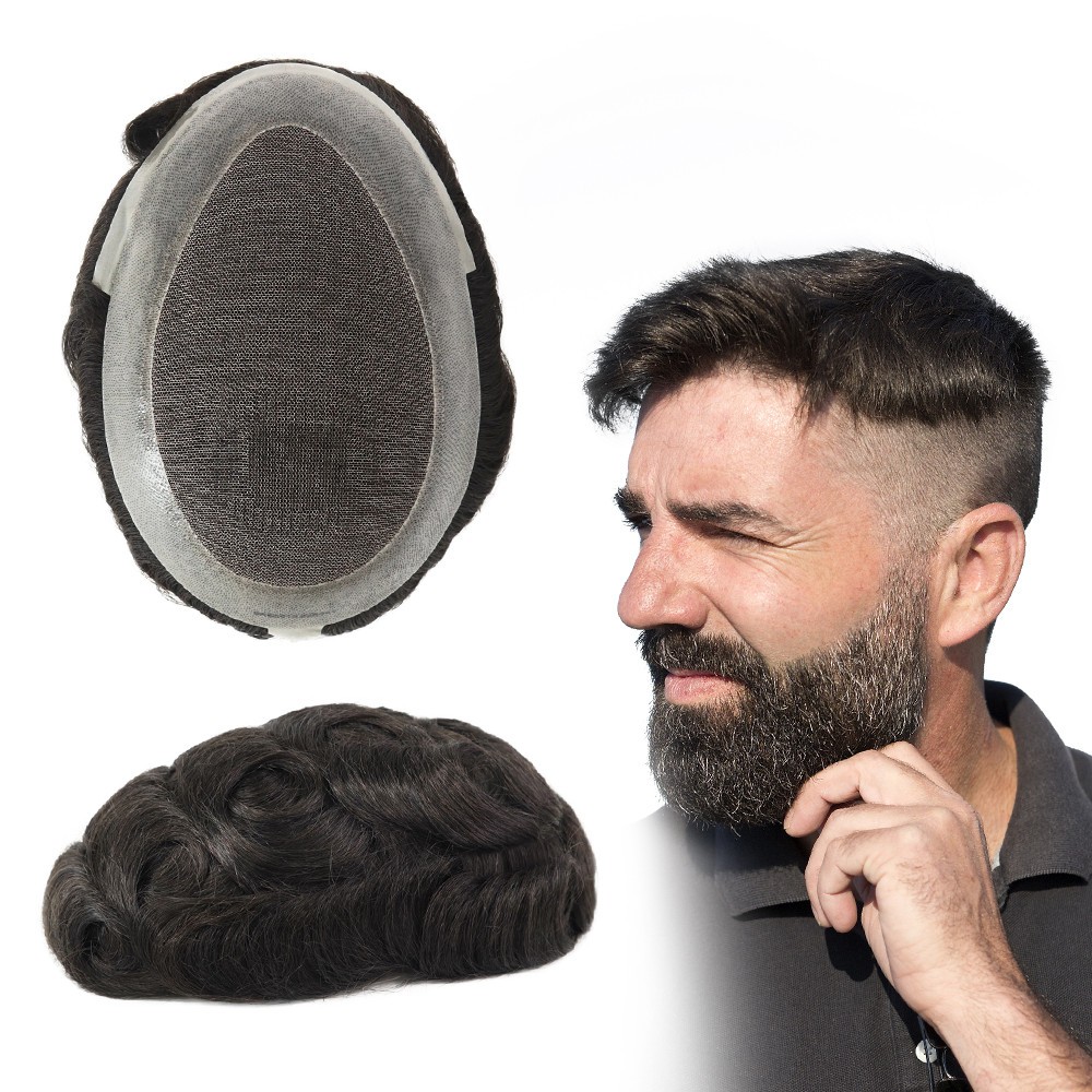 Men Toupee Hairpiece French Lace Hair System Replacement Poly Skin PU Wig 7×9#1B
