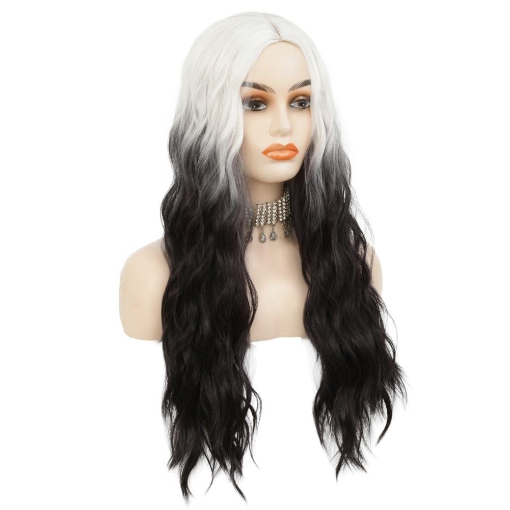 Siudus White To Black Cosplay Wigs For Women Long Curly Wavy Middle Party Hair