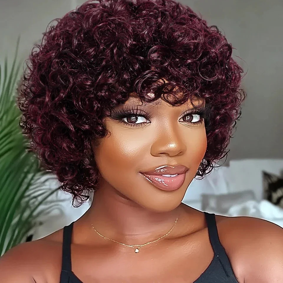 Brazilian Afro Puff Pixie Bob Wig 99J Natural Brown Human Hair For Women