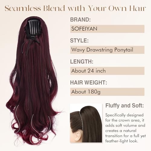 Drawstring Ponytail Extension for Women 24 Inch Comb Clip in Ombre Wine Red