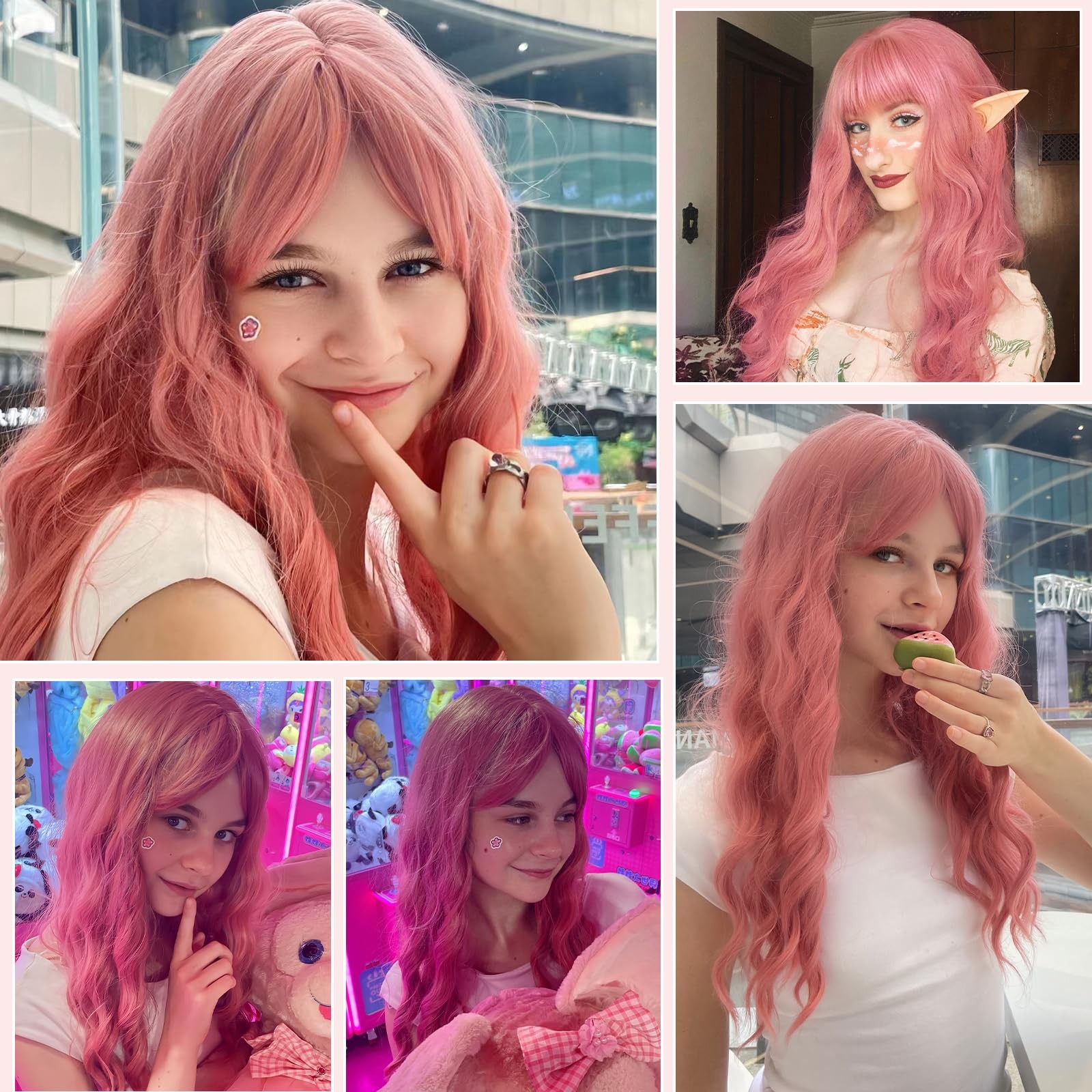 NAYOO Pink Wig with Bangs, 24″ Long Wavy Synthetic Curly Hair Replacement Women