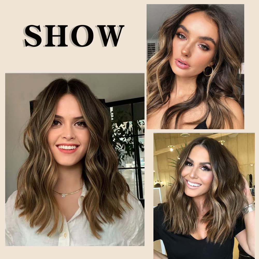 Short Bob Wavy Wig for Women Lace Front Wigs Ombre Brown Synthetic Wig Middle Pa