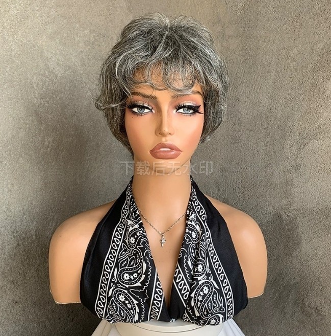 Women Short Salt and Pepper Pixie Cut Human Hair Wigs with Bangs Silk Base Crown
