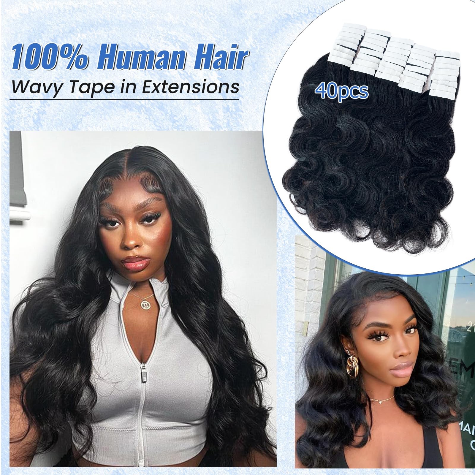 Licoville Body Wave Tape In Hair Extensions Human Hair 40Pcs Natural Black Tape