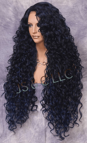 Human Hair Blend Full Lace Front wig Long Curly Blue Black Mix Heat OK DOM