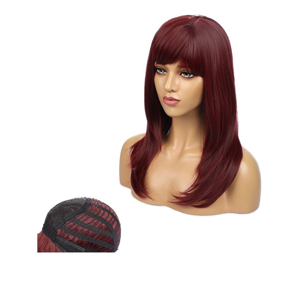 55cm Wine Red Chemical fiber high temperature Hair Wigs With Bangs For Women