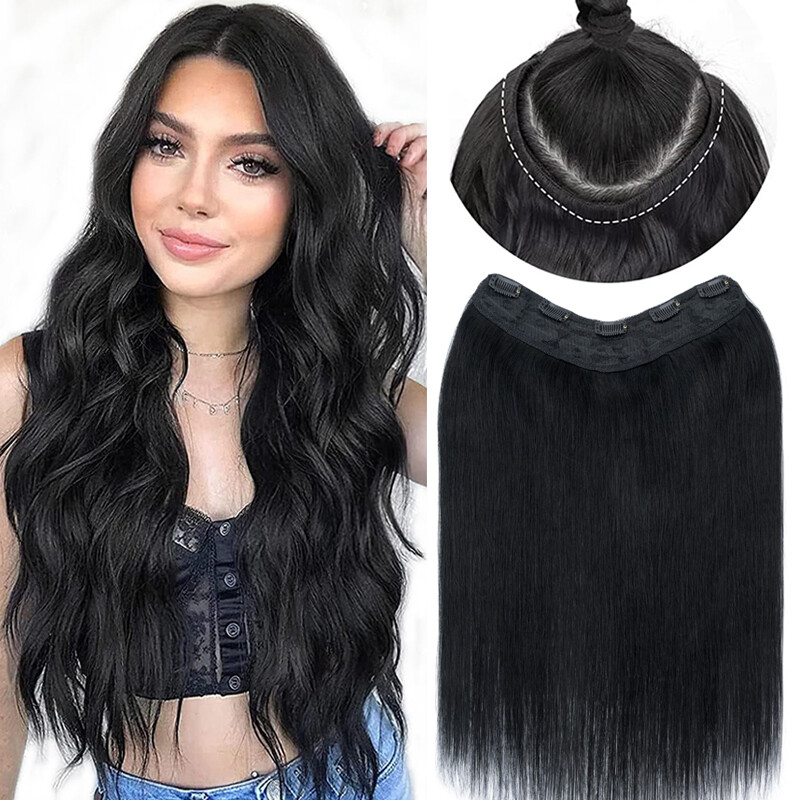 Clip In Human Hair Extensions One Piece Clip On Weft V-Shape For Women Thick US
