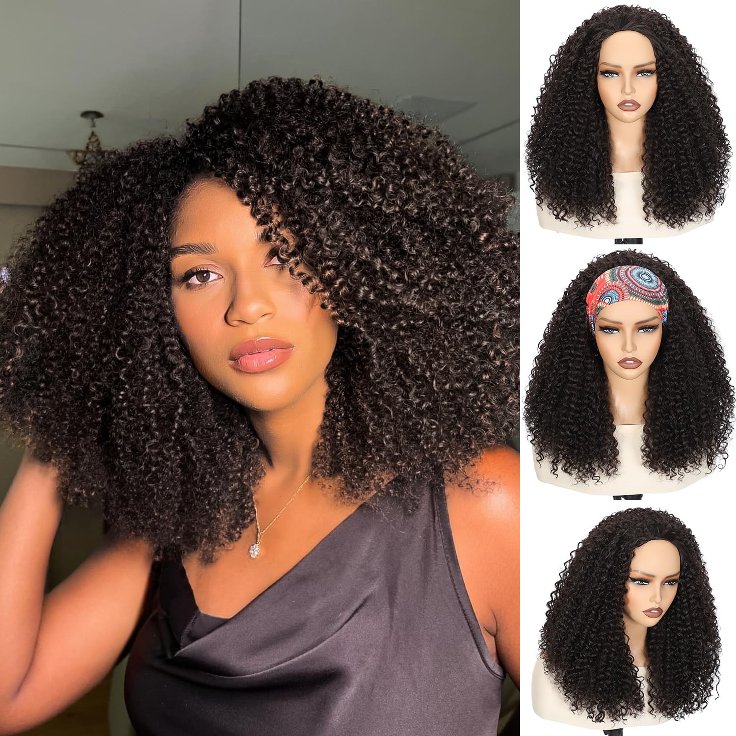 20 Inch Kinky Curly Half Wig, 3-in-1 Upgrade Synthetic Half Wig with Drawstri…