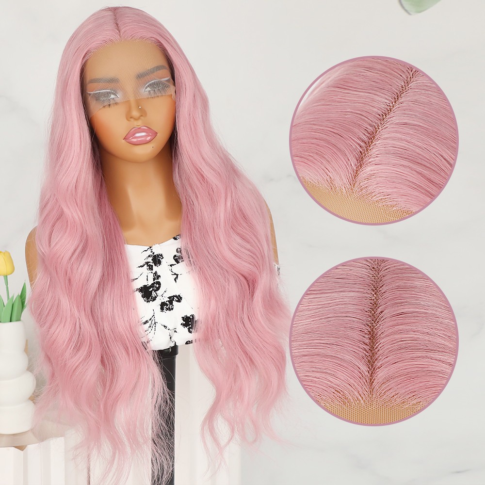 Long Wavy Pink Lace Front Wigs Heat Safe Middle Part Body Wave Hair Women Party