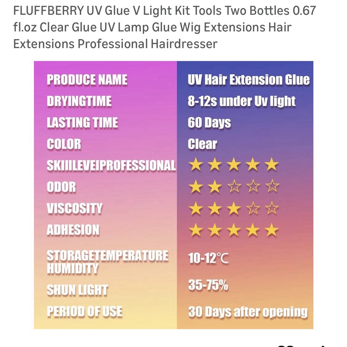 FluffBerry Hypoallergenic Waterproof UV Glue Kit Clear for Wig Extensions