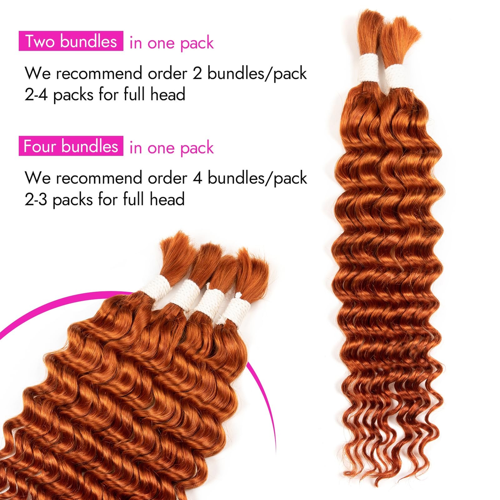 Duzikai 26 Inch Human Braiding Hair Deep Water Wave 4 Bundles/Pack 100G Ginger