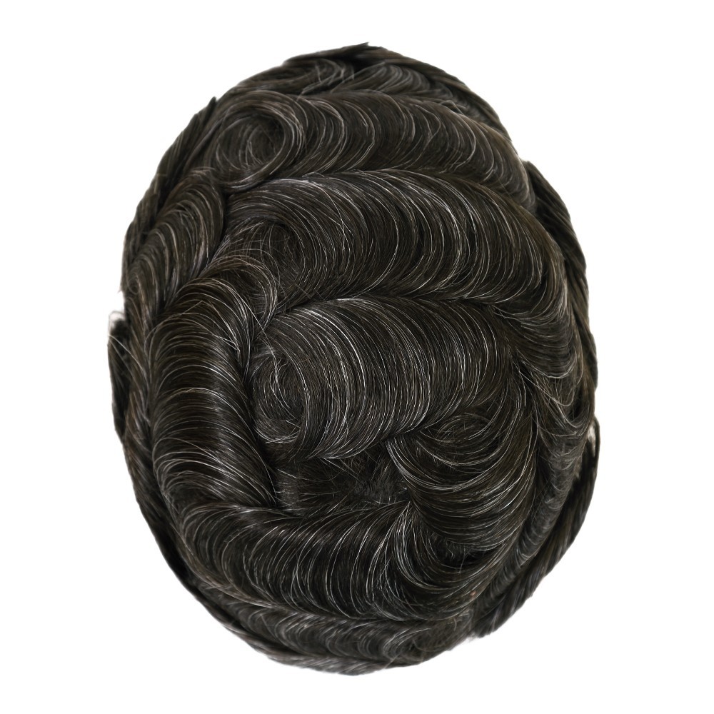 Men Toupee Human Hair Replacement System Hairpiece Ultra Skin Dark Brown 20%Grey