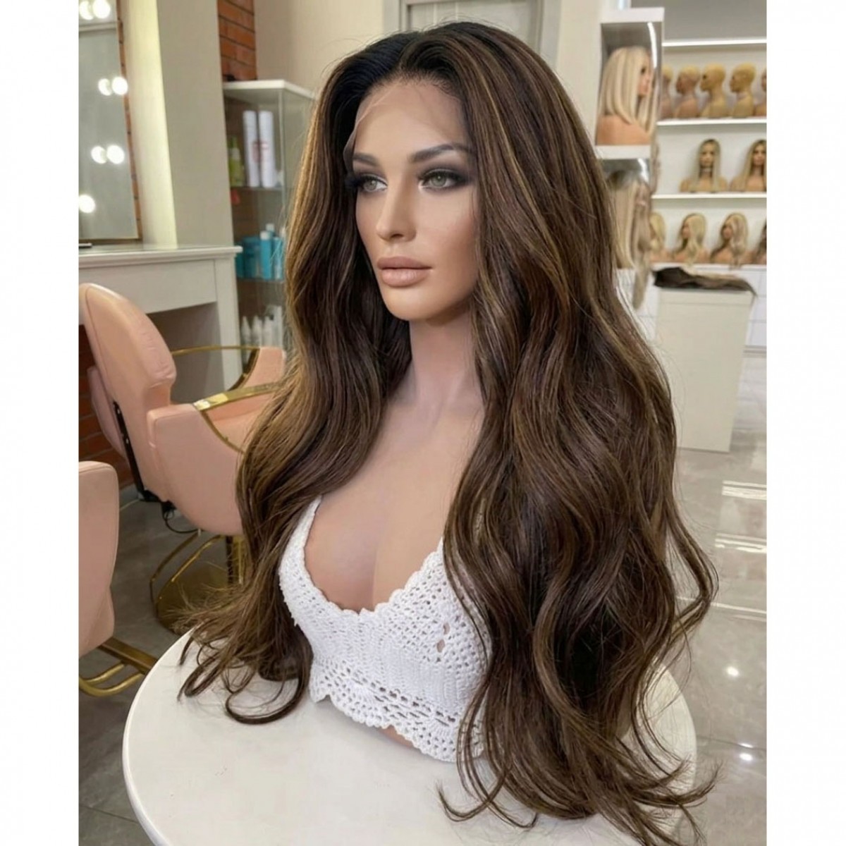 Heat Resistant Hair Ombre Brown Long Wavy Layered Frontal Lace Wigs