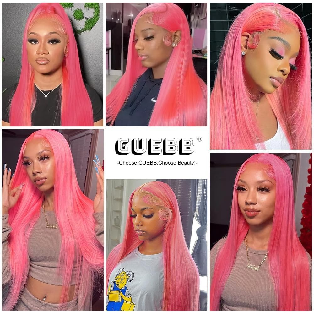 Guebb Straight Pink Hd Lace Front Wigs Human Hair 26 Inch Wear And Go Glueless
