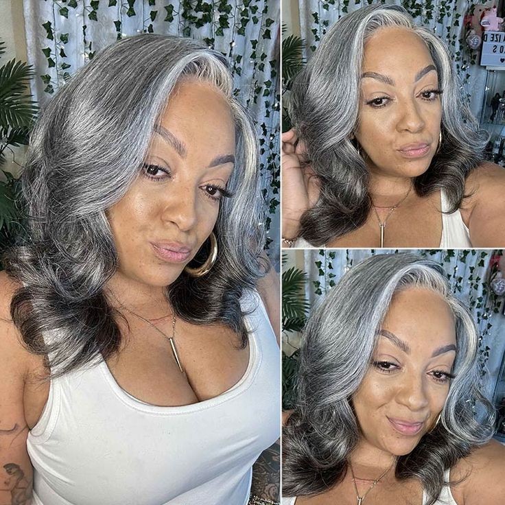 Dark Gray Wigs with Silver Highlight Short Wave 100% Human Hair Lace Front Wigs