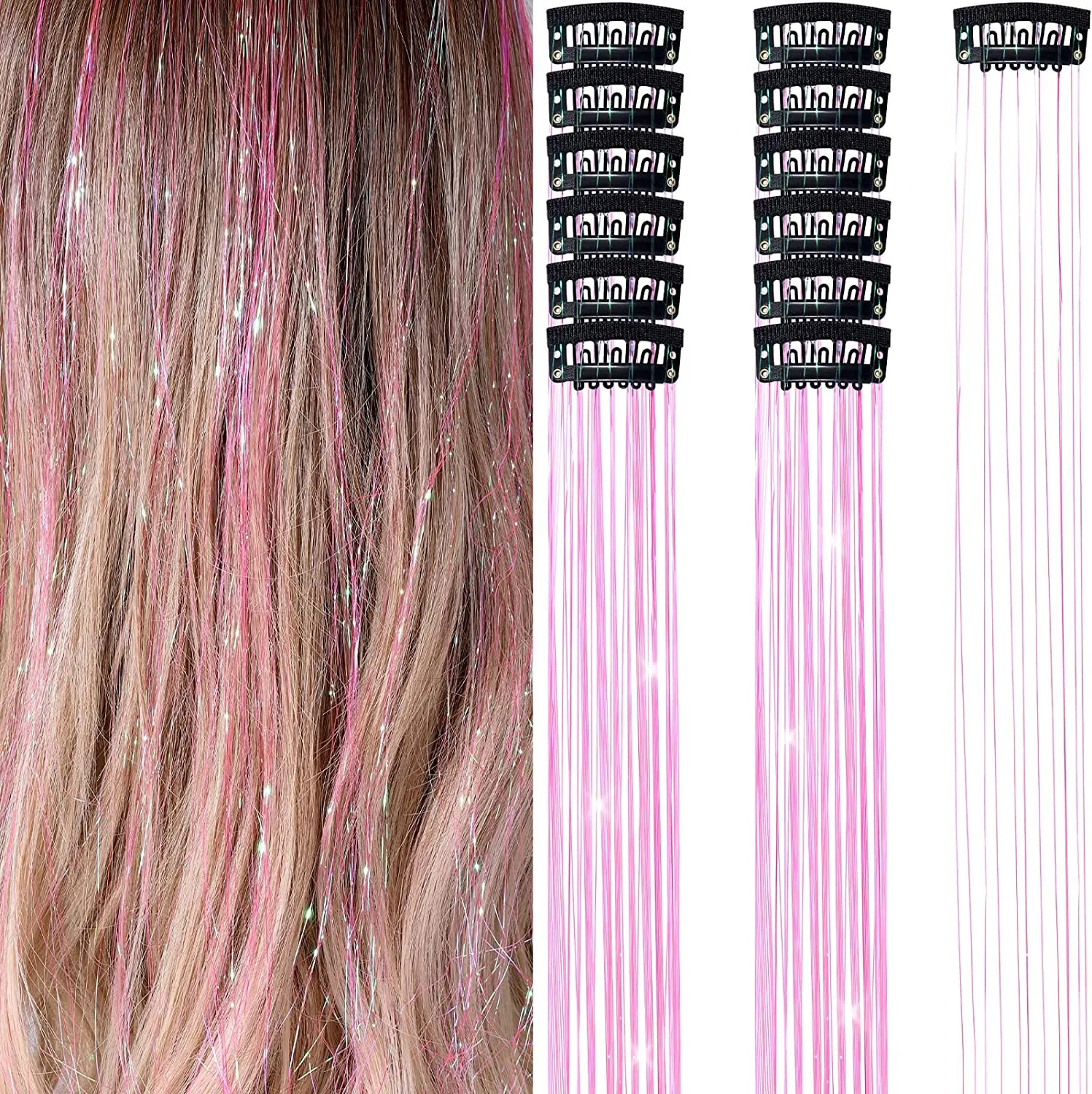 50cm Sparking Shiny Hair Tinsel Extensions Synthetic Clip In Hair Extensions