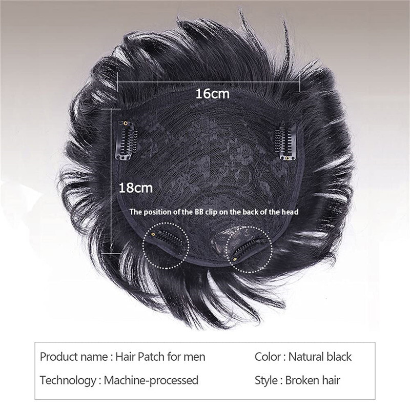 Men’s 100% Real Human Hair Topper Toupee Clip in Hairpiece Top Short Natural Wig