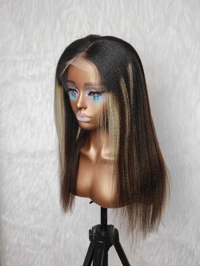 16inch 13×6 Full Frontal HD Lace Raw Hair Yaki Highlight Human Hair Wig