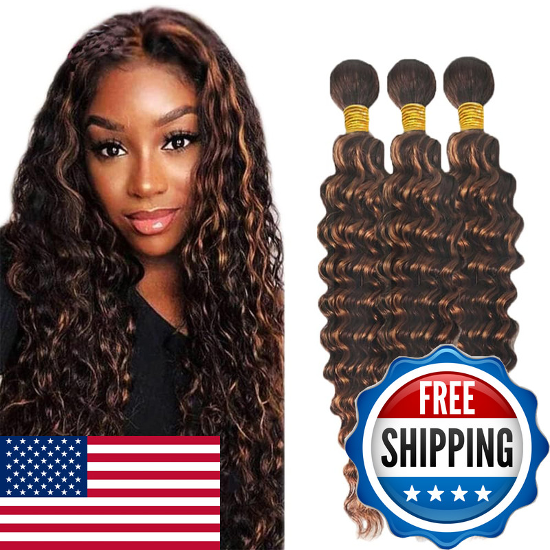 Auokmar P430 Deep Wave Human Hair Bundles 26 28 30 Inch – Highlight Brown 8A