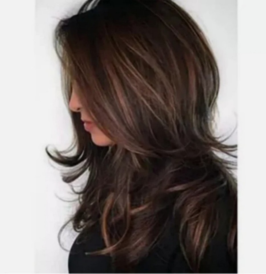Women Dark Brown w/Gold Highlight Ombre Shoulder Length Curly Hair Wig-&-*/