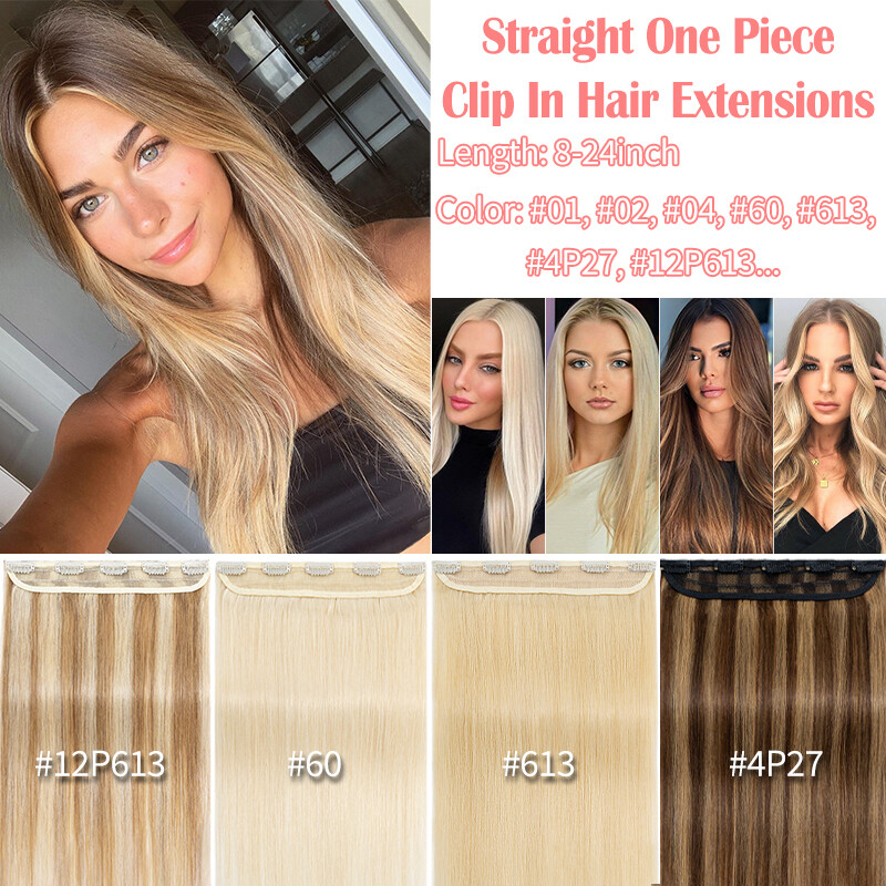 Clip in 100% Real Remy Human Hair Extensions 3/4 Full Head Thick Weft One Piece