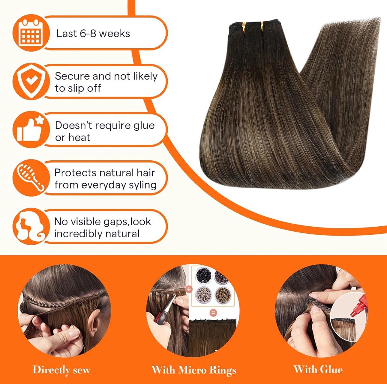 Full Shine Ombre Hair Extensions Sew In Weft 105G 16 Inch Human Hair