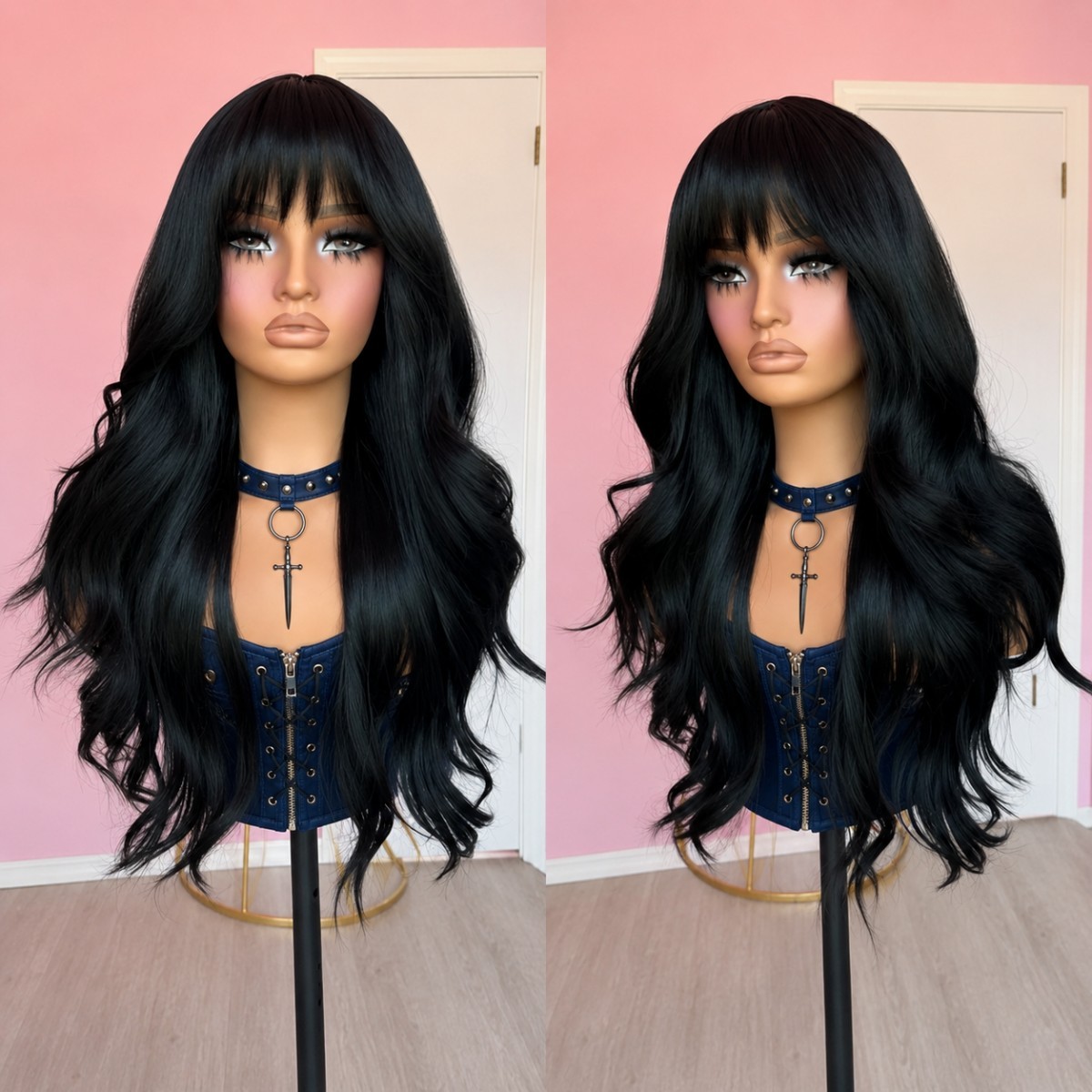 Long Wavy Off black Cosplay Wigs With Bangs Halloween Synthetic Hair Soft