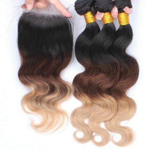 12A PERUVIAN HUMAN HAIR WEFT 3/4BUNDLE+LACE TOP CLOSURE 1B/4/27 DARK ROOT OMBRE