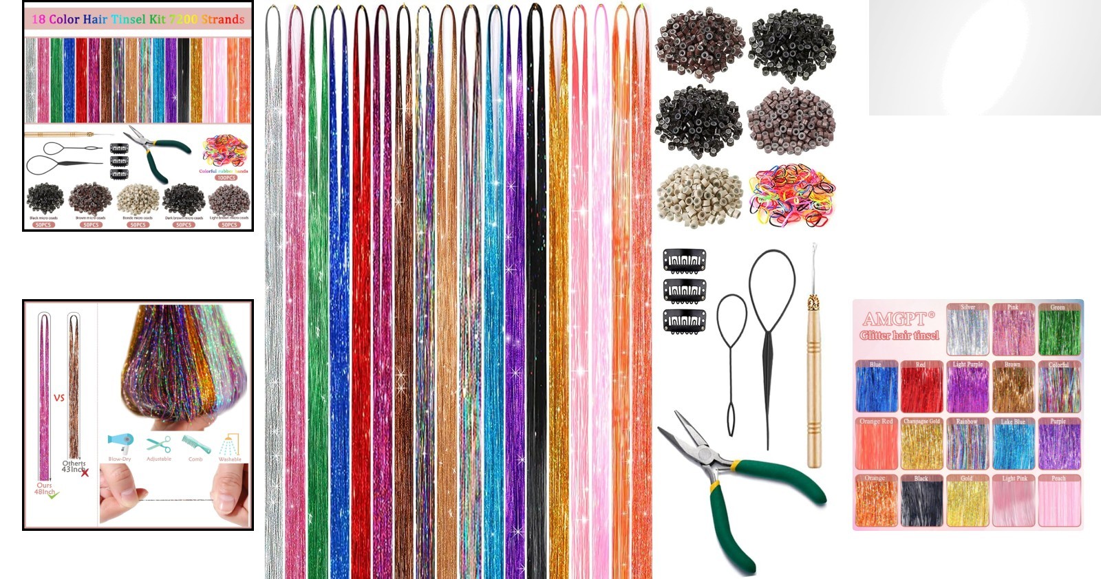 Complete Hair Tinsel Kit – 48 Inch, 9000 Strands, Colorful Hair Accessories