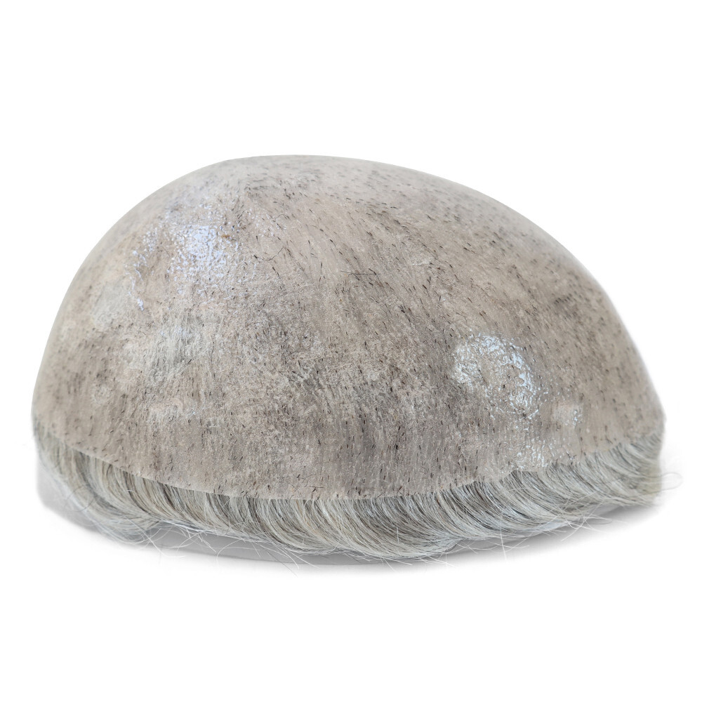 Mens Human Hair Replacement System Injection Skin Toupee Grey Hair Piece#1B80