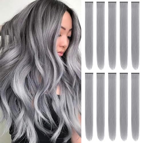 22 inch Colored Hair Extensions Straight Hairpiece, Multi-colors Party Gray