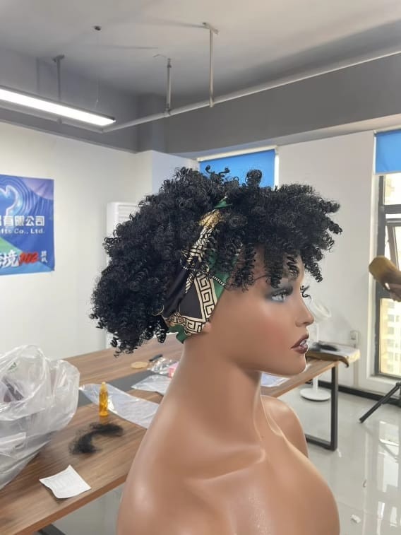 Women’s 6-Inch Short Kinky Coil Headband Wig, Black-White-Green Pattern
