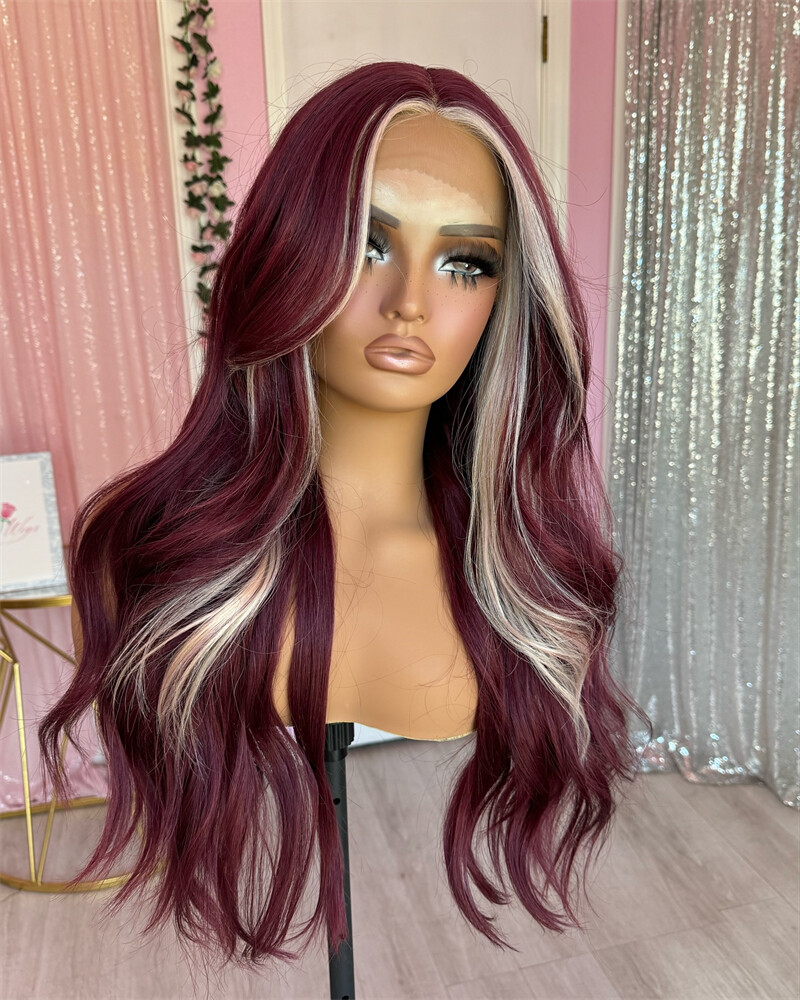Burgundy Red with Blonde Highlight 13×4 Lace Front Wigs Human Hair Wig Body Wave