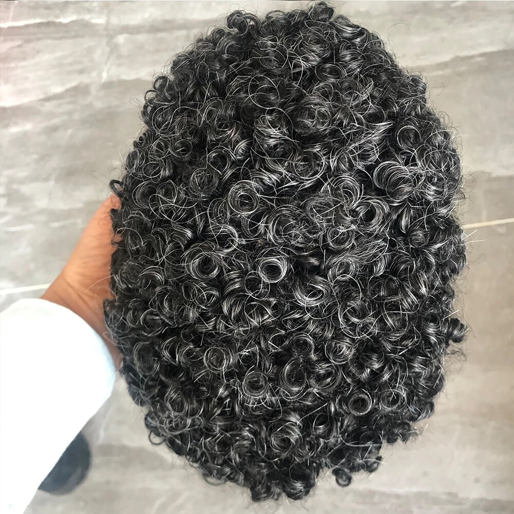 15mm Tight Curl African American Wigs PU Base Mens Hairpiece 120% Medium Density