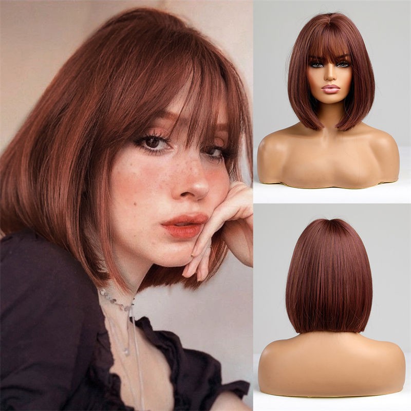 Women Fashion Short Hair Wig Pink Bobo Full Head Cover Straight Bangs Gradient