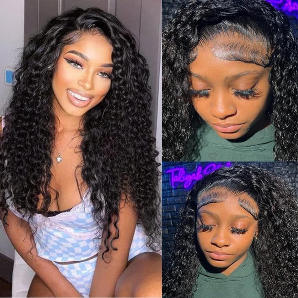 Deep Wave Lace Front Wig Human Hair 20 Inch Natural Black Pre Plucked