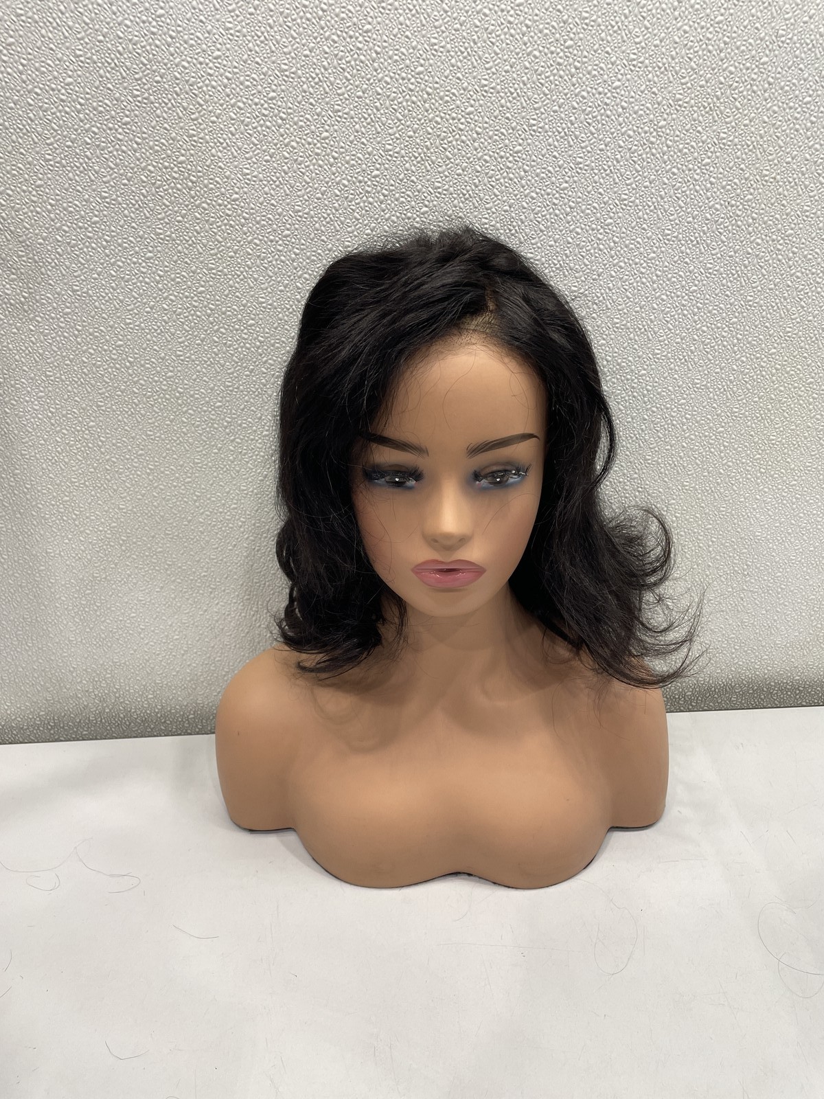 Natural Black Human Hair Blend Lace Front Glueless Short Wig, 14″
