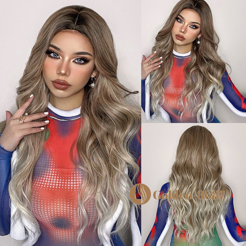 Fanshion Long Wavy Ombre Brown Light Blonde Synthetic Wigs for Women Hair Wig US
