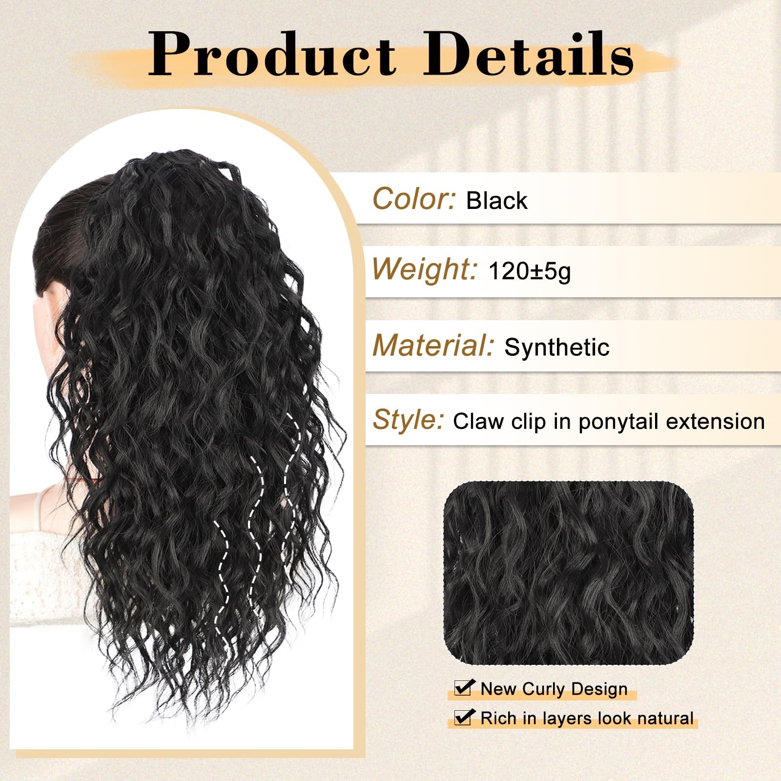 Stamped Glorious Black Ponytail Extension 18 Curly Wavy Pony Tail Claw Multi