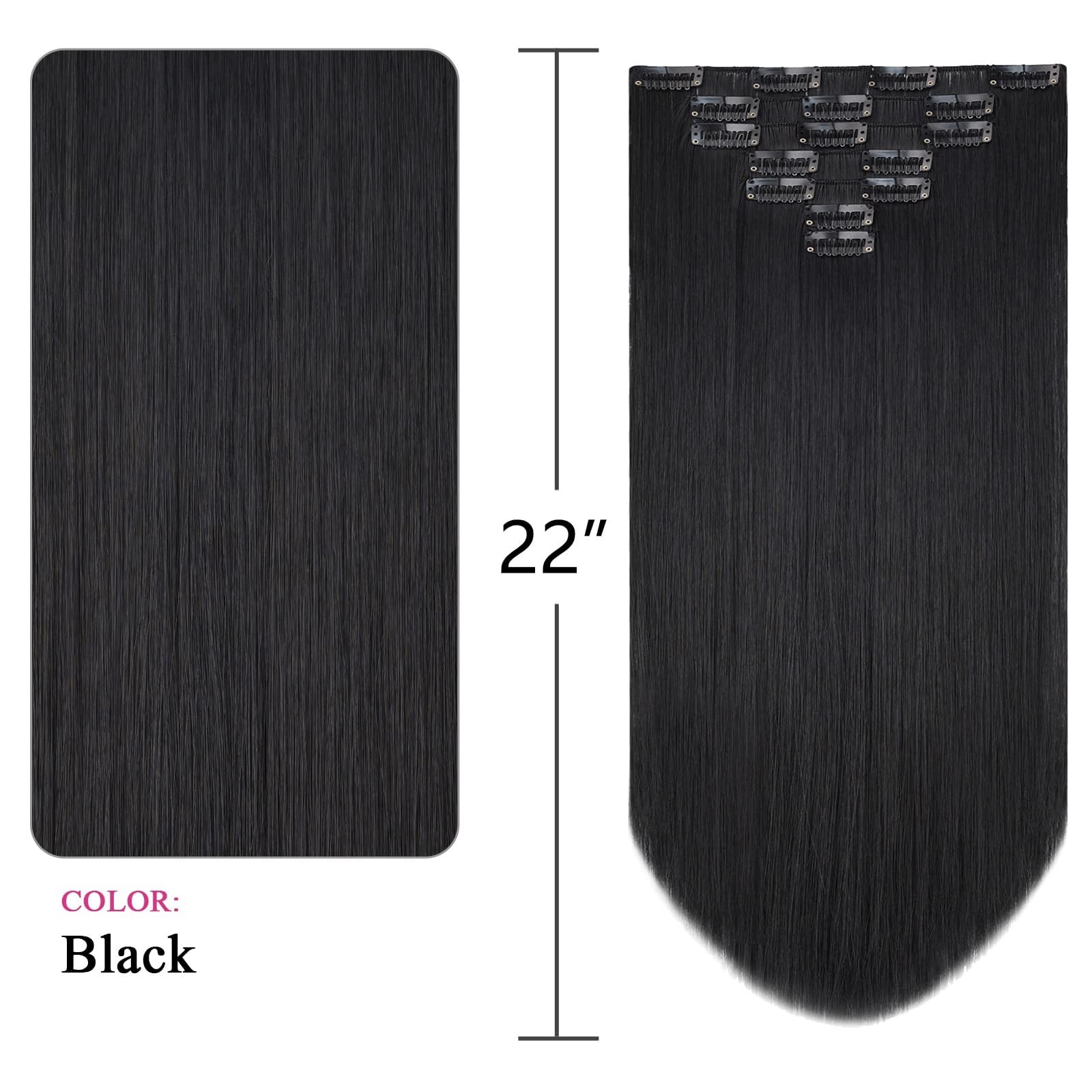 Black Hair Extension Straight Clip Hair Extensions 22″ 5 Oz Synthetic Cheap F…