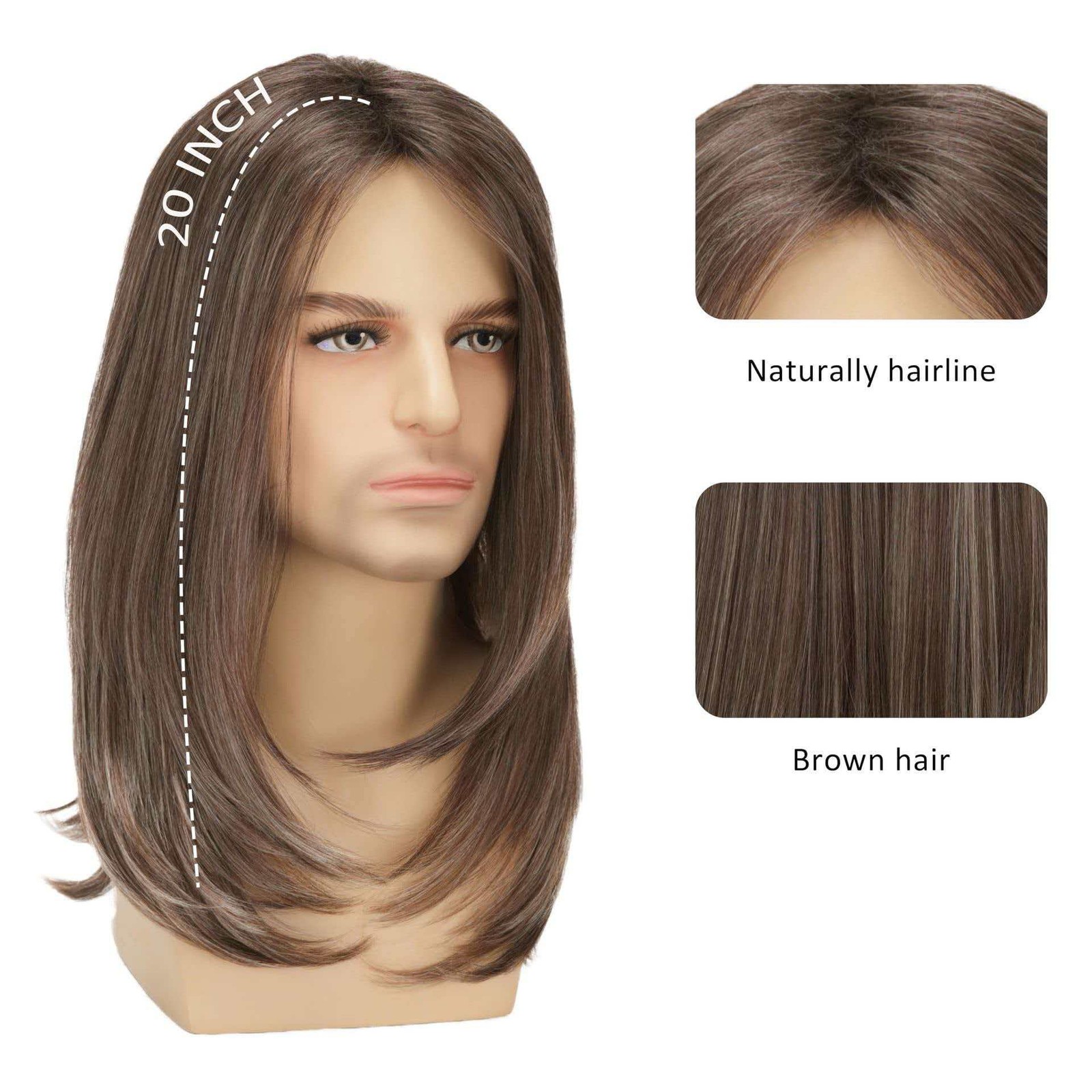 Men’s 20in Natural Brown Long Full Wig Cosplay Heat Resistant Synthetic Party