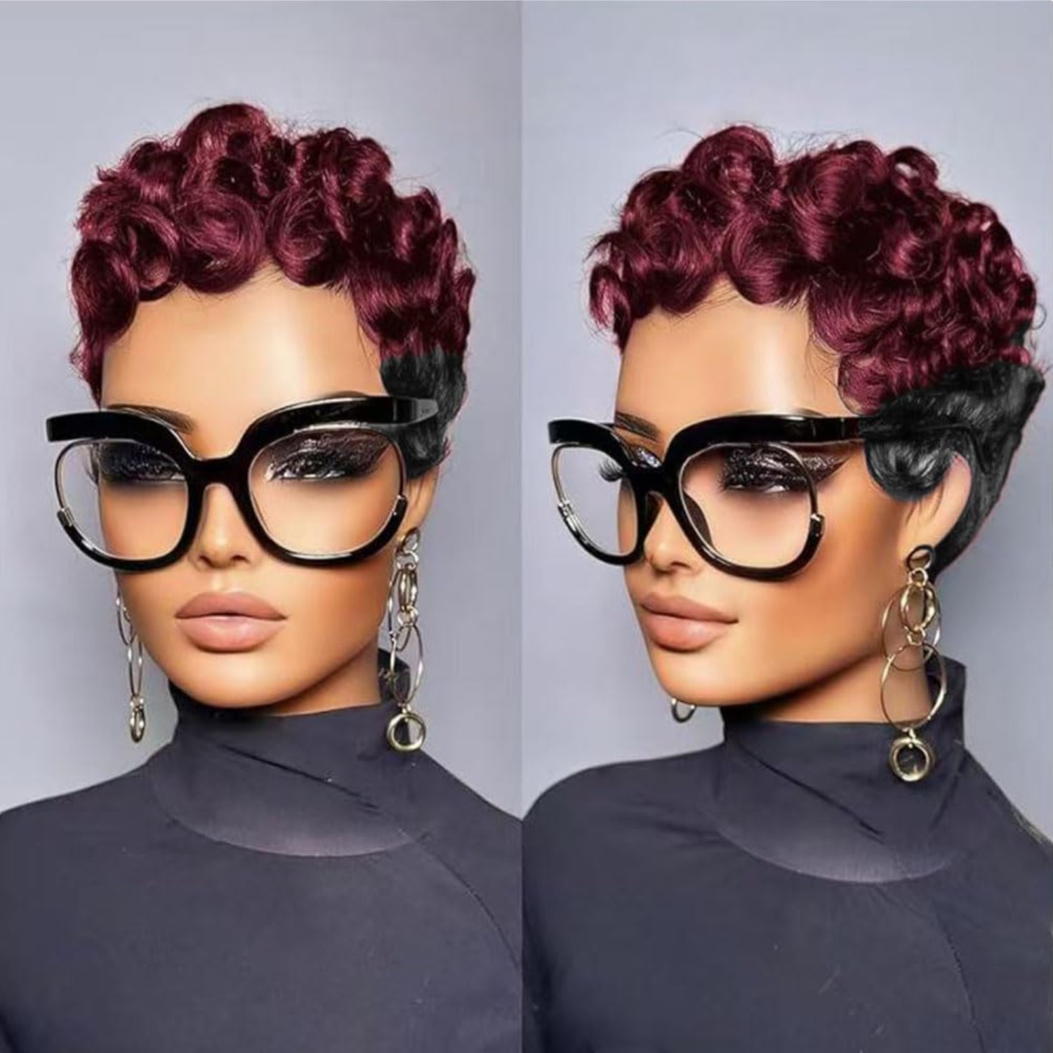 Short Curly Pixie Cut Wig Human Hair Burgundy Black Ombre 1B/99J