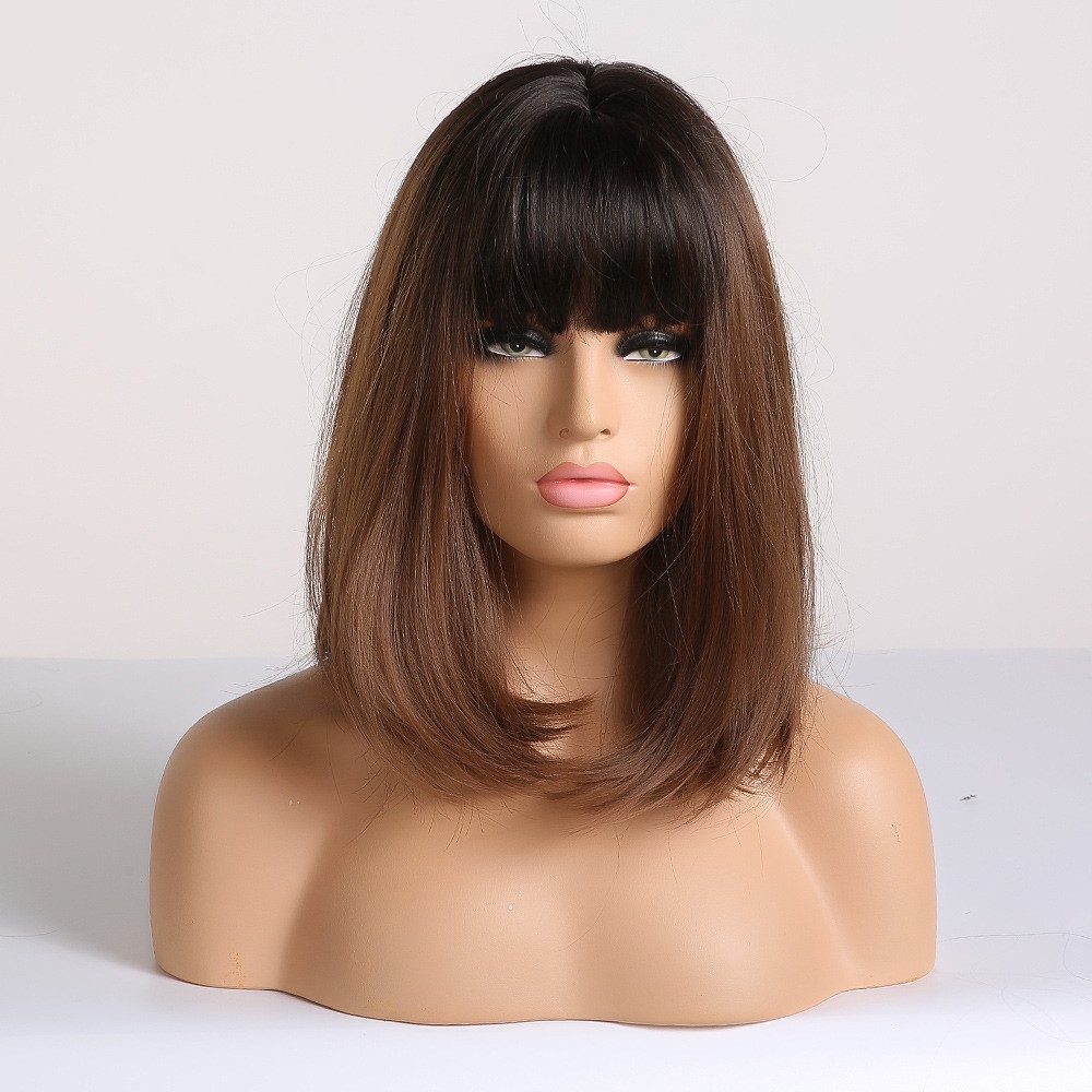 Natural Black Brown Ombre Shoulder Length Short Straight Full Wig With Bangs
