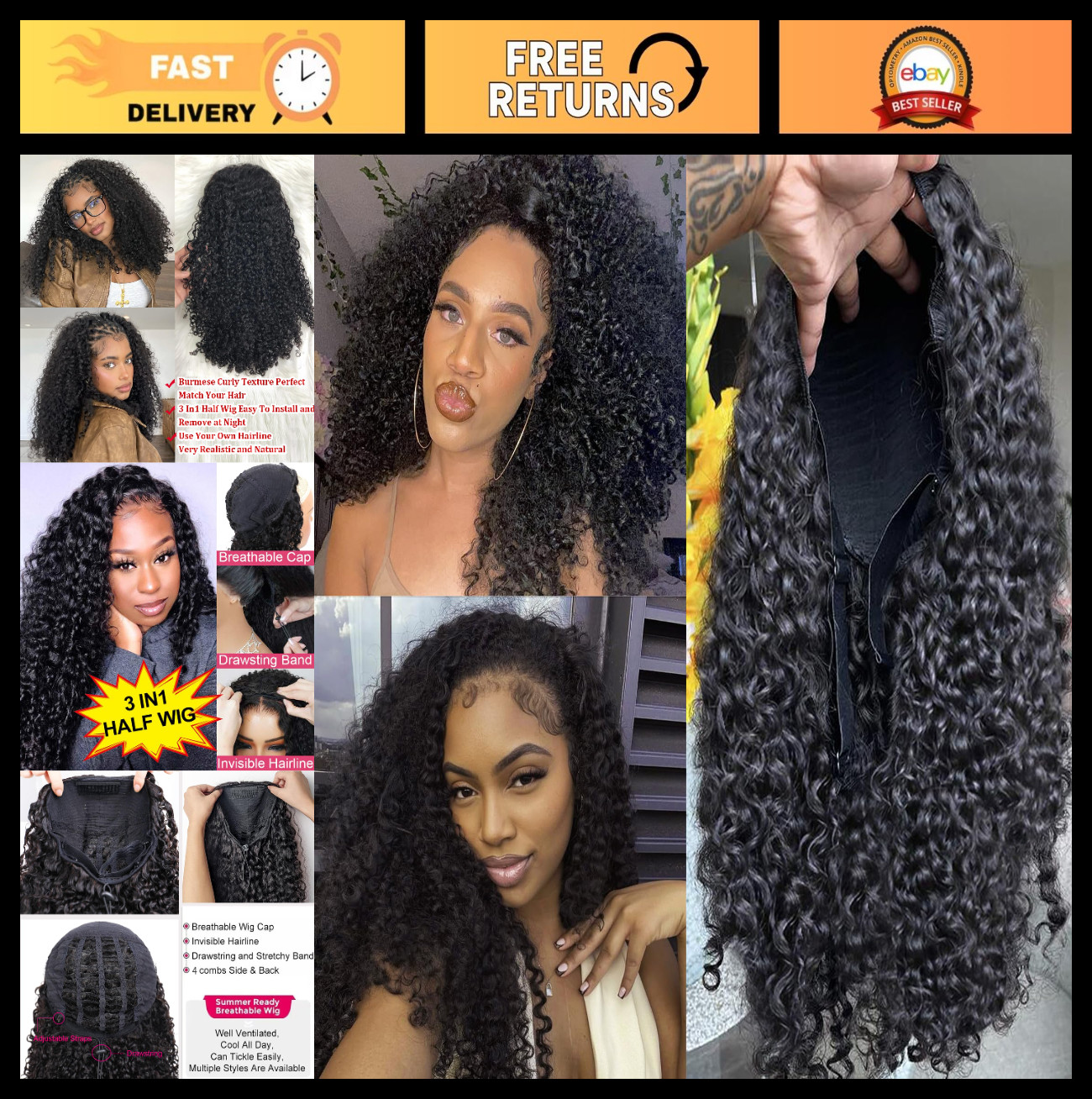 300% Density Burmese Curly Half Wig 22″ Seamless Flip Over Drawstring Wigs for W