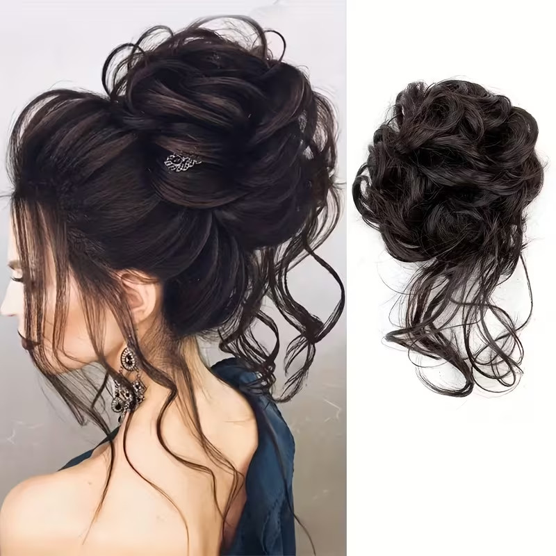 Messy Bun Hair Piece Tousled Updo Hair Extension Elastic Rubber Band Curly Wavy