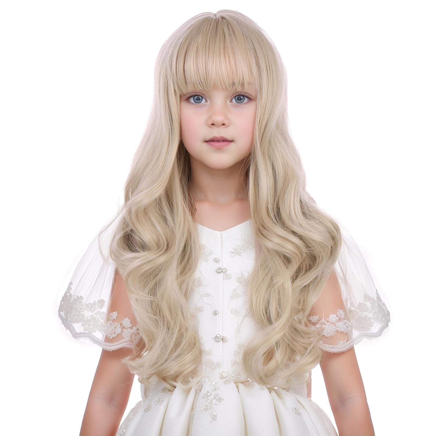 Children Light Blonde Wig Long Blonde Wig with Bangs for Girls Kids Wavy Curly W