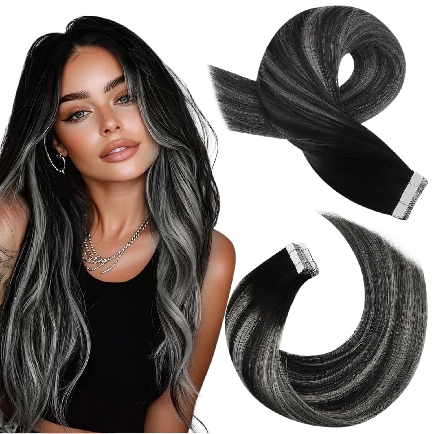 Real Hair Balayage Extensions – Black to Silver Tape in Hair