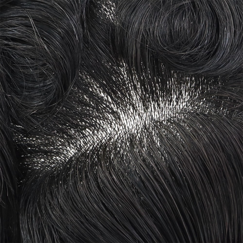 Mens Toupee Human Hair Replacement System 0.08mm Skin Toupee Hairpiece Black #1B