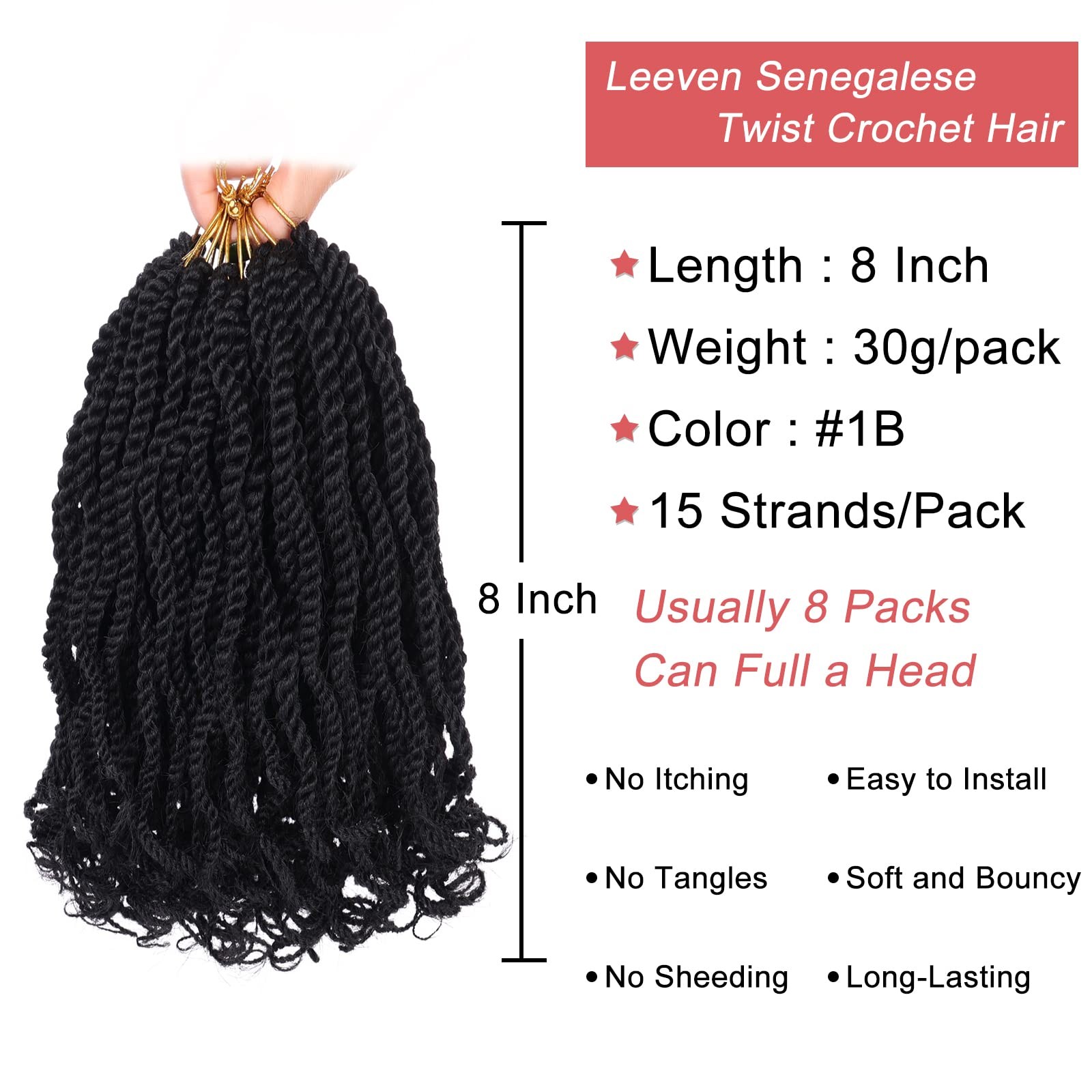 Leeven 8 Packs Wavy Senegalese Twist Crochet Hair with Curly Ends, 8 Inch Bla…